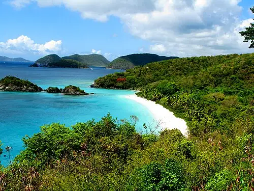 Snorkelers in the clear shallows off Trunk Bay, site of the underwater snorkel trail.