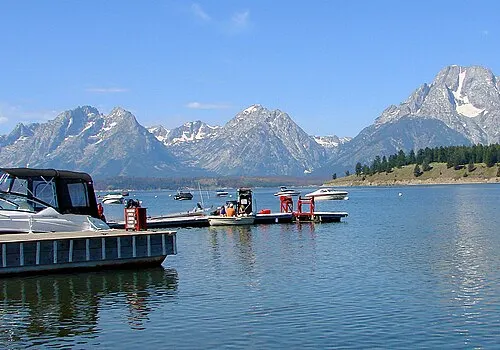 Colter Bay on the east shore of Jackson Lake with the marina and the Teton Range across the water.