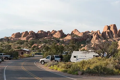 Devils Garden Campground tucked among sandstone fins at the end of the Arches park road, the park's only campground.