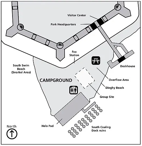 NPS map of the Garden Key campground layout near Fort Jefferson, showing the primitive tent sites and dock.