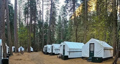 Heated canvas tent cabins at Half Dome Village (formerly Curry Village) on the Yosemite Valley floor below Glacier Point.