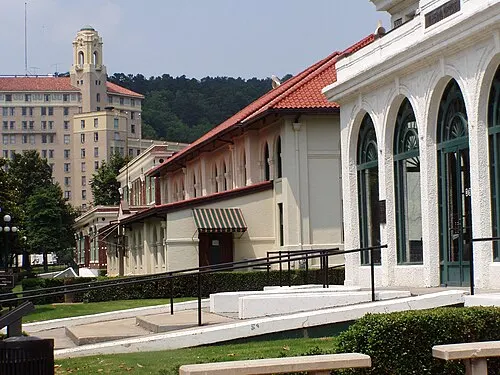 The Maurice, Hale, and Superior bathhouses along Bathhouse Row, the Hale at center now a hotel.
