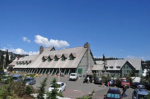 Front of the historic Paradise Inn at Mount Rainier National Park, the same rustic in-park lodge style as the National Park Inn.