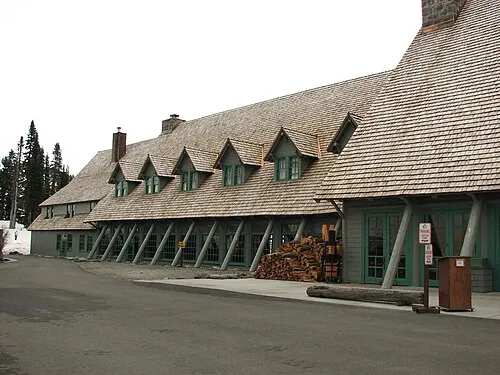 Exterior of the 1916 Paradise Inn cedar-log lodge at 5,400 feet on the south side of Mount Rainier.