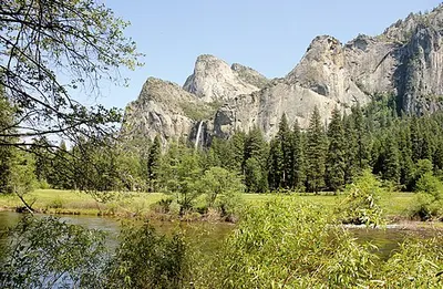 The 620-foot single drop of Bridalveil Fall at the south side of Yosemite Valley.