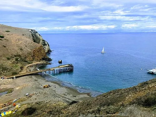 Scorpion Anchorage and its pier on Santa Cruz Island seen from the bluff above the campground.