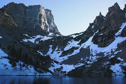 Emerald Lake under Hallett Peak at the top of the Nymph, Dream and Emerald lake chain above Bear Lake.