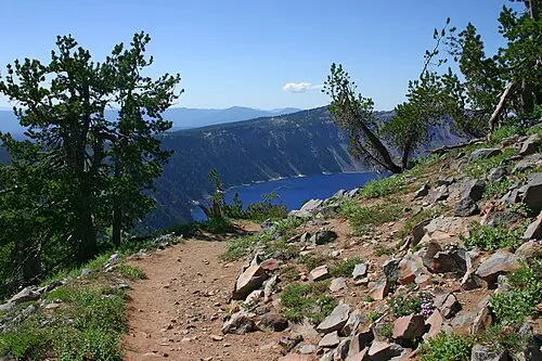 View east over Crater Lake from the Garfield Peak Trail along the rim behind Crater Lake Lodge.
