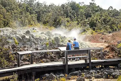 Yellow sulfur deposits and steam vents along the Haʻakulamanu (Sulphur Banks) boardwalk.