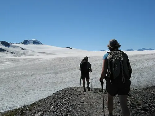 Hikers climbing the Harding Icefield Trail above the Exit Glacier valley.