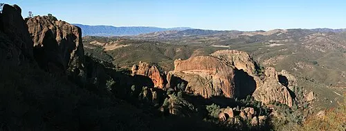 Rock formations along the High Peaks Trail, used as a substitute image for the Mission San Juan Bautista entry.