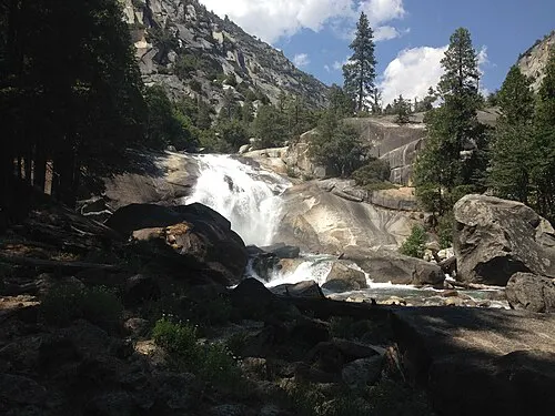 Mist Falls cascading over granite at the end of the 8-mile round-trip trail from Roads End in Cedar Grove.