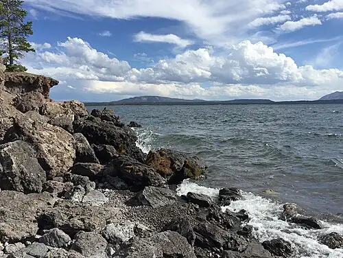 View across the West Thumb of Yellowstone Lake toward the Absaroka Mountains from the Yellowstone Lake Overlook Trail.