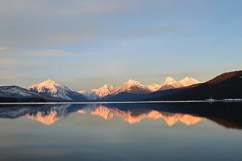 Lake McDonald shoreline seen from Apgar Village at the foot of the lake.