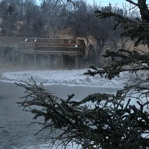 The elevated wooden Brooks Falls wildlife viewing platform above the river.
