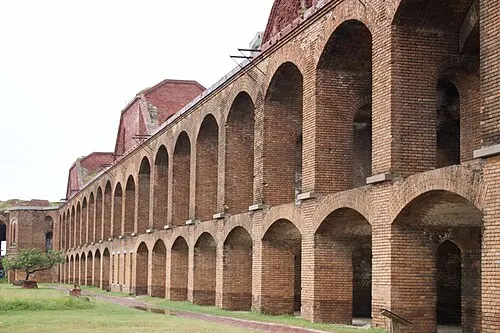 Rows of brick arches inside Fort Jefferson, the self-guided fort walk on Garden Key.