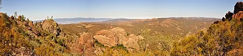 Panorama of rhyolite spires from the saddle on the High Peaks Trail at Pinnacles National Park.