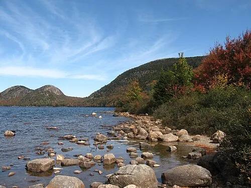 View north across Jordan Pond to the twin Bubble domes from the south shore, Acadia National Park.