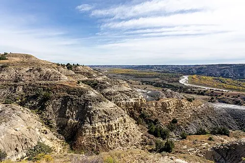 A wide bend of the Little Missouri River seen from Oxbow Overlook at the end of the North Unit Scenic Drive.