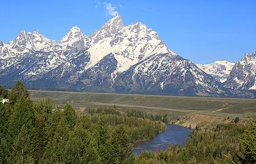 The Snake River Overlook on US 89 looking over the river bend toward the Teton Range, the spot Ansel Adams photographed in 1942.