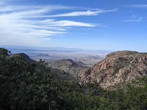 The cliff-edge South Rim of the Chisos Mountains looking roughly 2,000 feet down to the desert and the Rio Grande, Big Bend National Park.