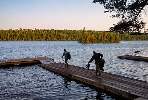 Floatplane dock on sheltered Tobin Harbor at Isle Royale.