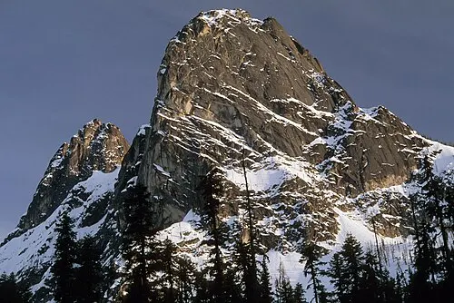 Granite spires of Liberty Bell Mountain and the Early Winters Spires seen from near the Washington Pass Overlook on State Route 20.