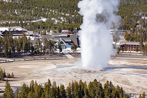 Old Faithful geyser erupting, viewed from the Observation Point trail above the basin